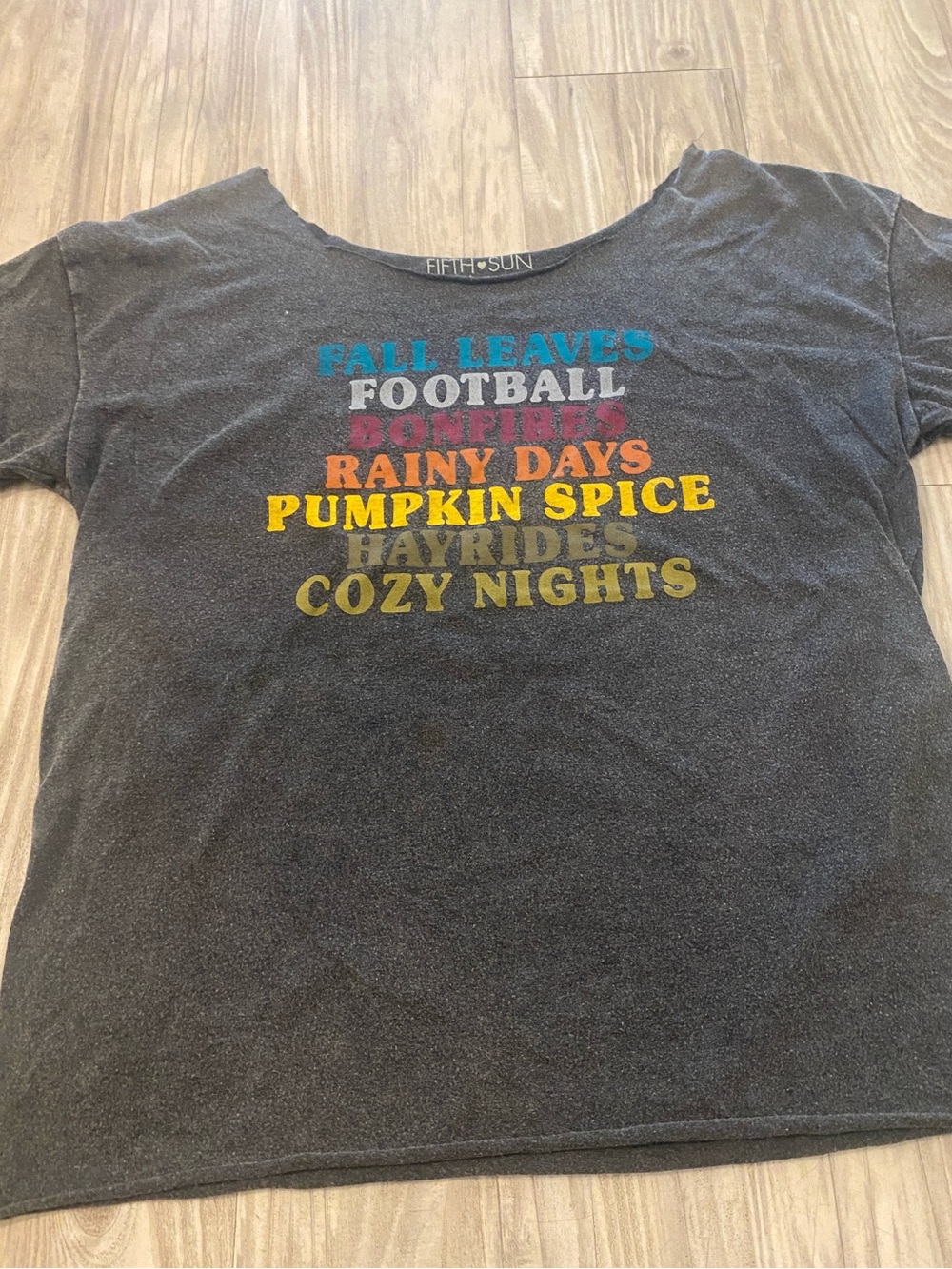 Woman’s Fifth Sun Charcoal Graphic Tee with Multicolor Fall Text